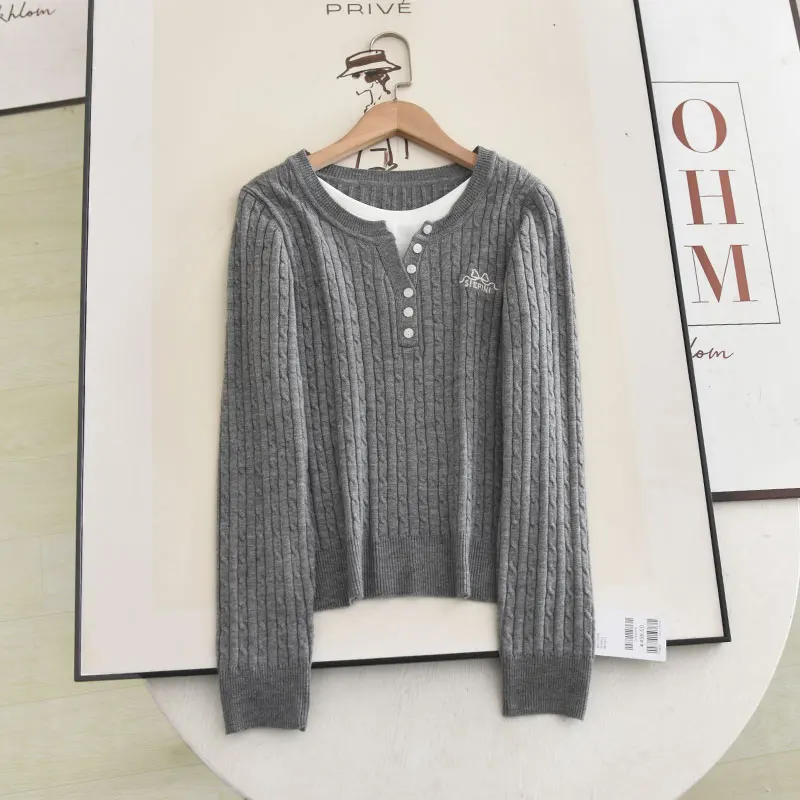 

ey Knitted Sweater round Ne Pullover Splice Versatile Slimming Poem Series Autumn 2024 Faionable Ladies' Knitwear