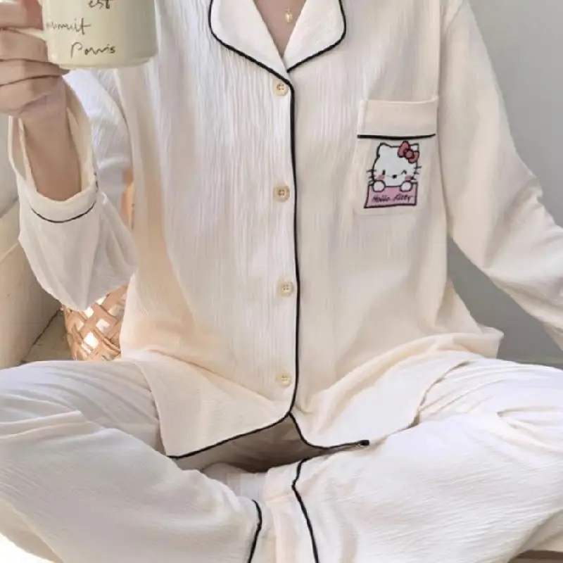 

Hellokitty Pajamas Spring Summer Autumn New Fashion Home Clothing Sanrio Kawaii Girl Set Lapel Sweet Long Sleeves Keep Warm 2PCS