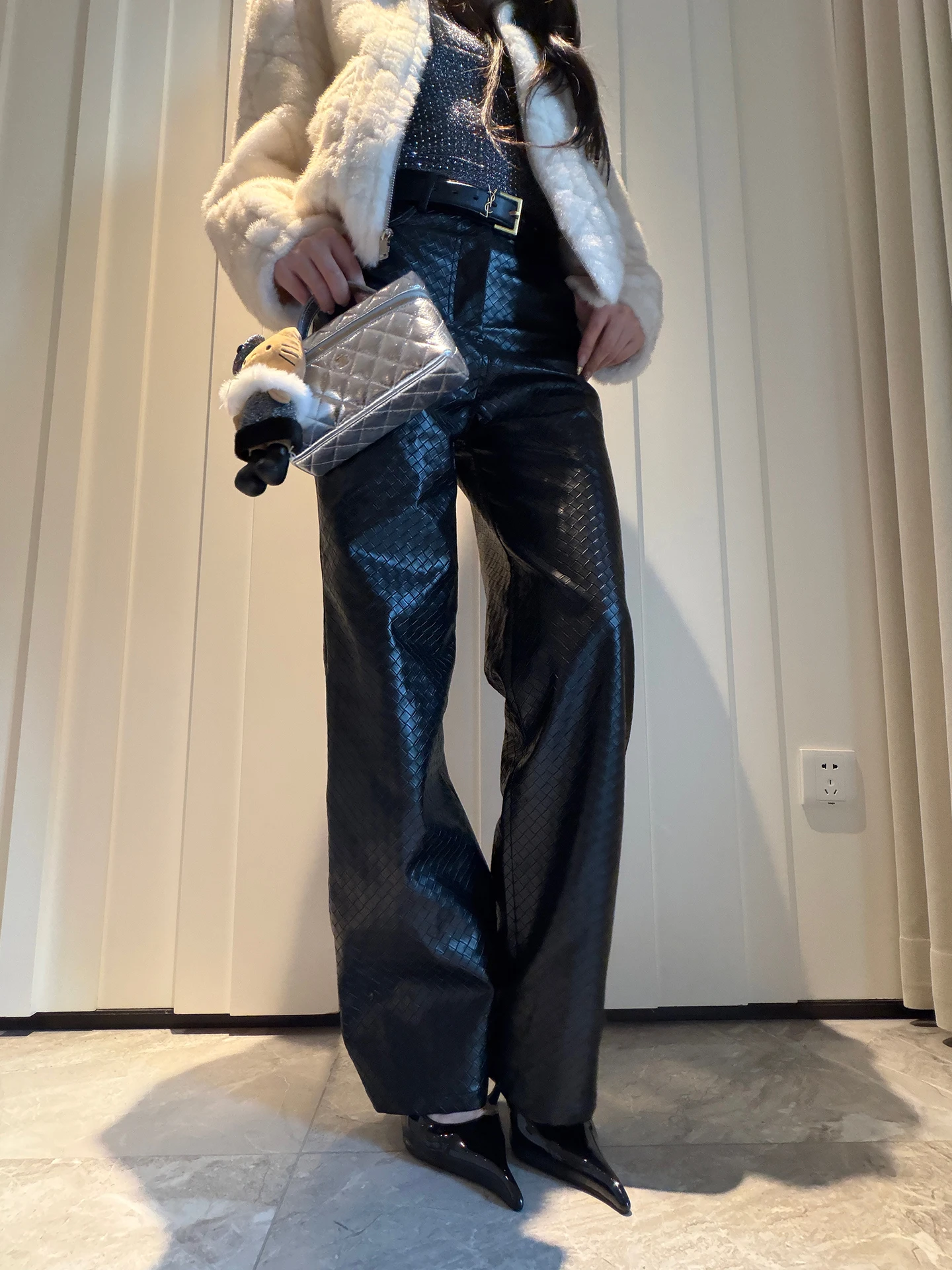

ChiclyNana High Waist Loose Straight Leg PU Leather Bla Long Pants Women's Faionable Ele Trousers for Ladies