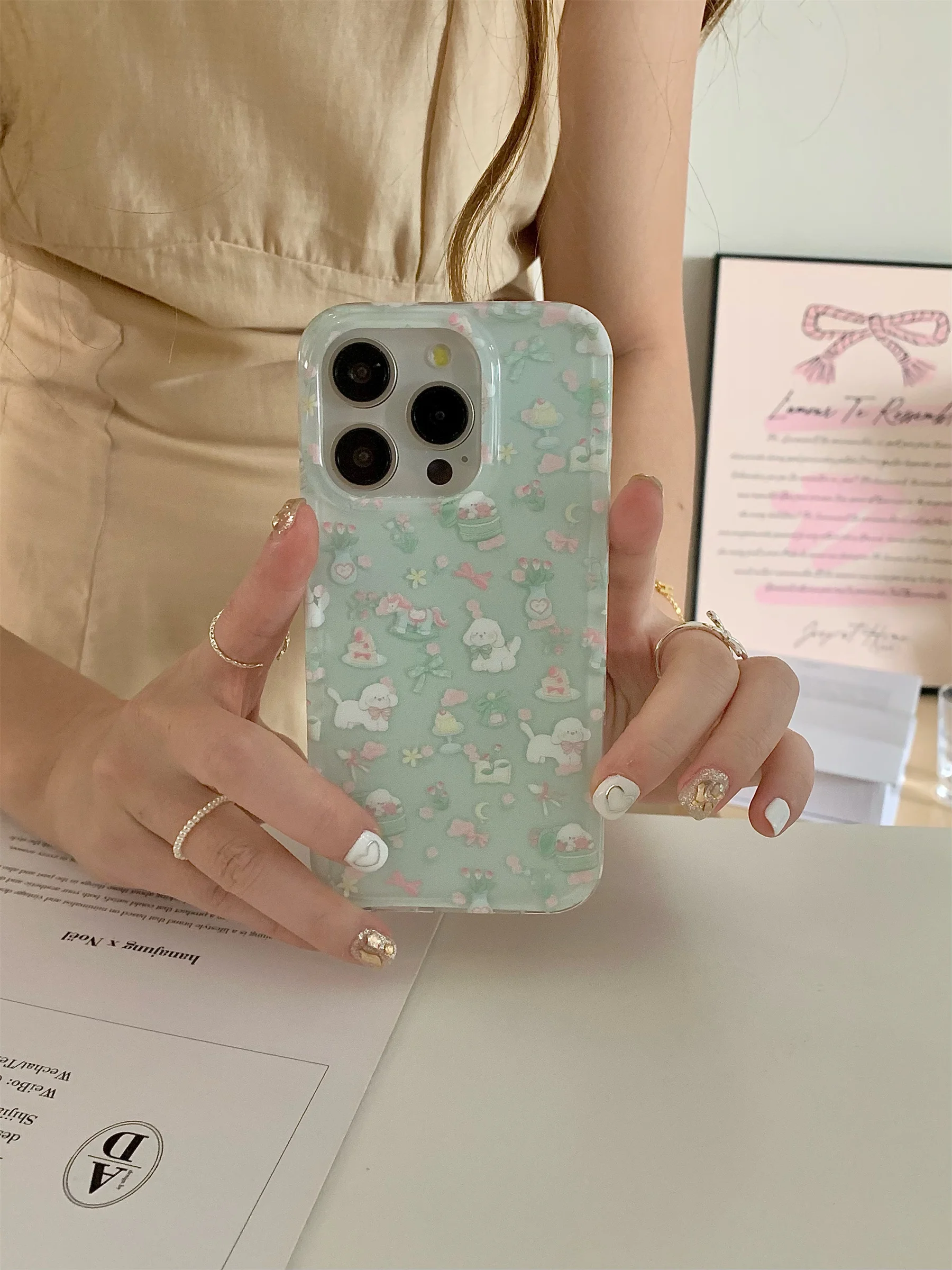 Korean Fresh Double Sided Ins Mint Green Cute Bow Dog Case for iPhone 11 12 13 14 15 Pro Max Shockproof Back Cover For Girl Gift