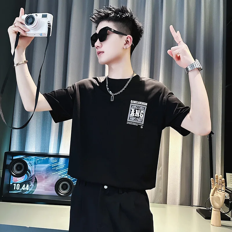 

2023 Fine Men's Fashion Casual Korean Version Slim Everything Handsome Social Guy Male Tide Round Neck Short Sleeve T-shirt