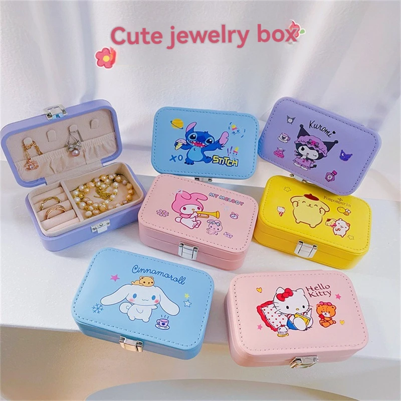 

2024 New Hello kitty Jewelry Storage Box Sanrio Kuromi Travel Organizer Case Leather Storage Necklace Ring Organizer Display