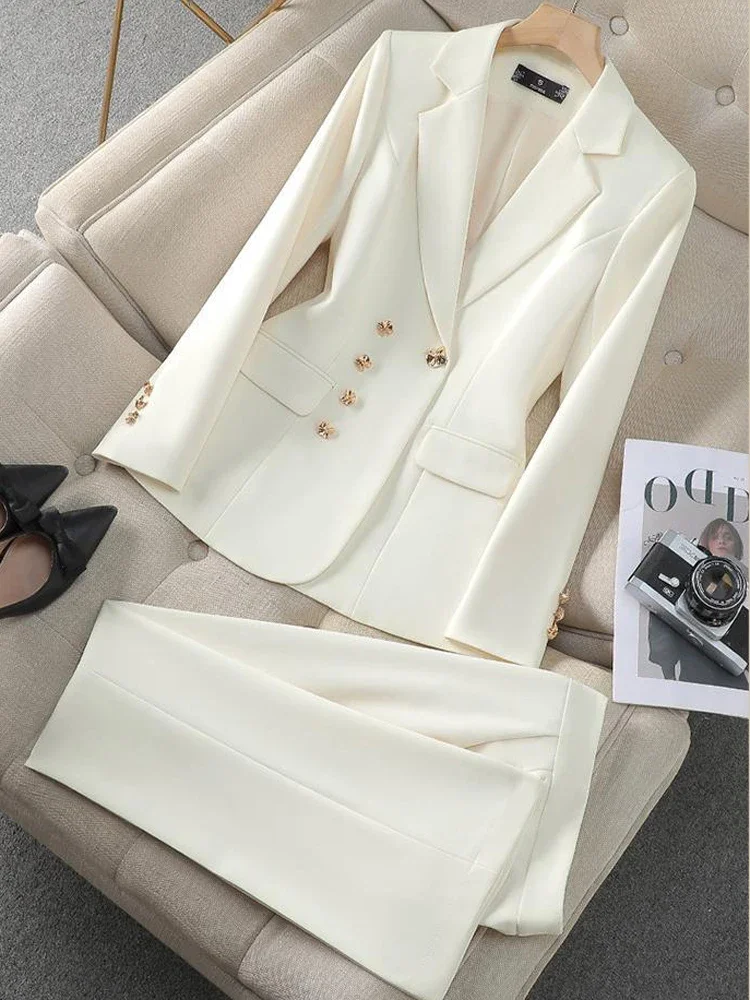Women's Blazer Suits Two 2 Pieces Sale Casual Notched Long Sleeve Gold Button Blazer Jacket&High Waist OL Pant Suits