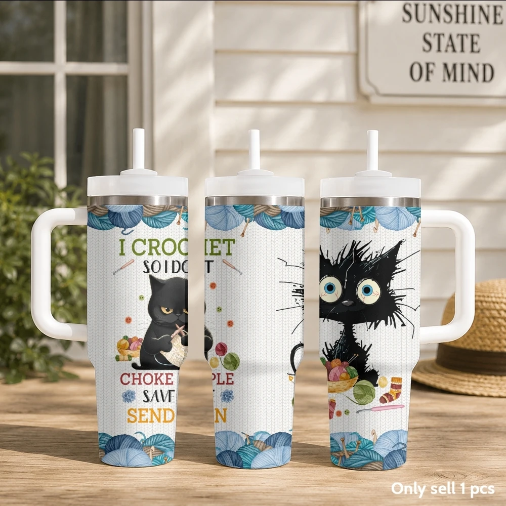 Funny Crochet Cat Vacuum Flasks 40oz Portable Stainless Steel Tumbler with Handle Straw Double Wall Insulated Leakproof Mug