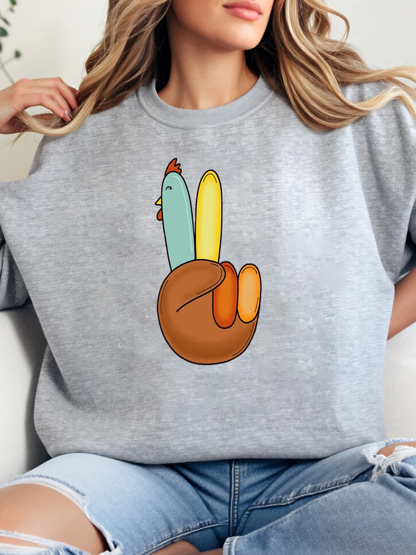 

Толстовка с круглым вырезом в Турции, женская повседневная осенне-зимняя одежда с принтом «День Благодарения», серая, больших размеров