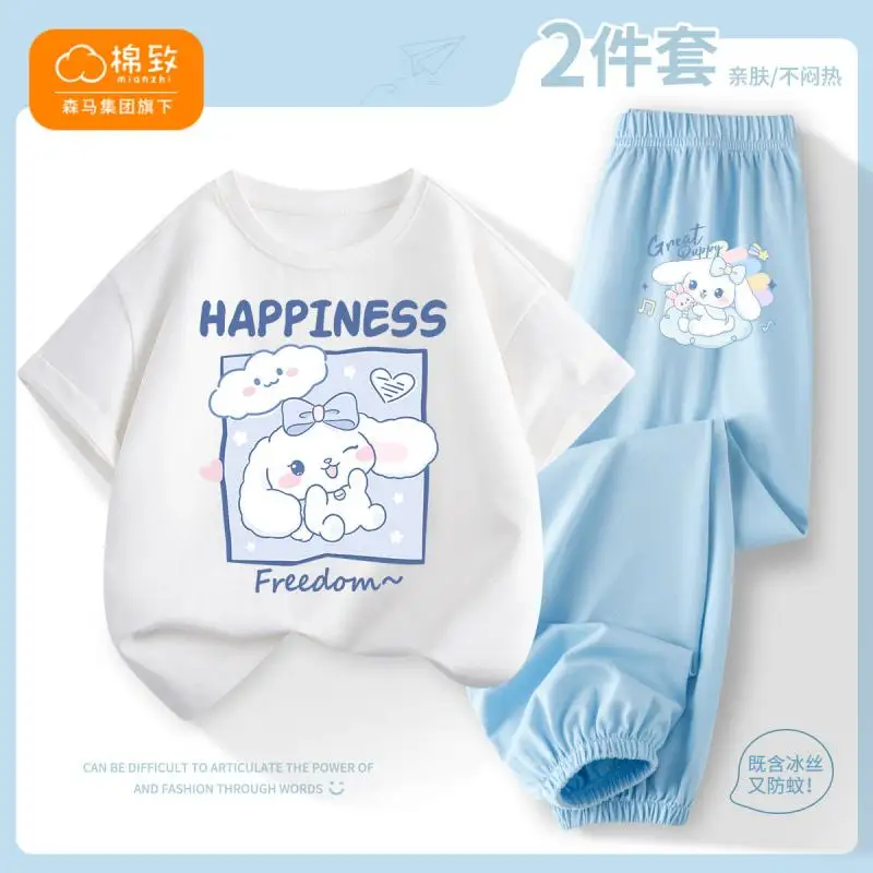 Anime Sanrioed Cinnamoroll Kids Short Sleeve Suit Summer Boys Girls Cotton Tops Cartoon T-Shirt Casual Pant Summer Kids Clothes