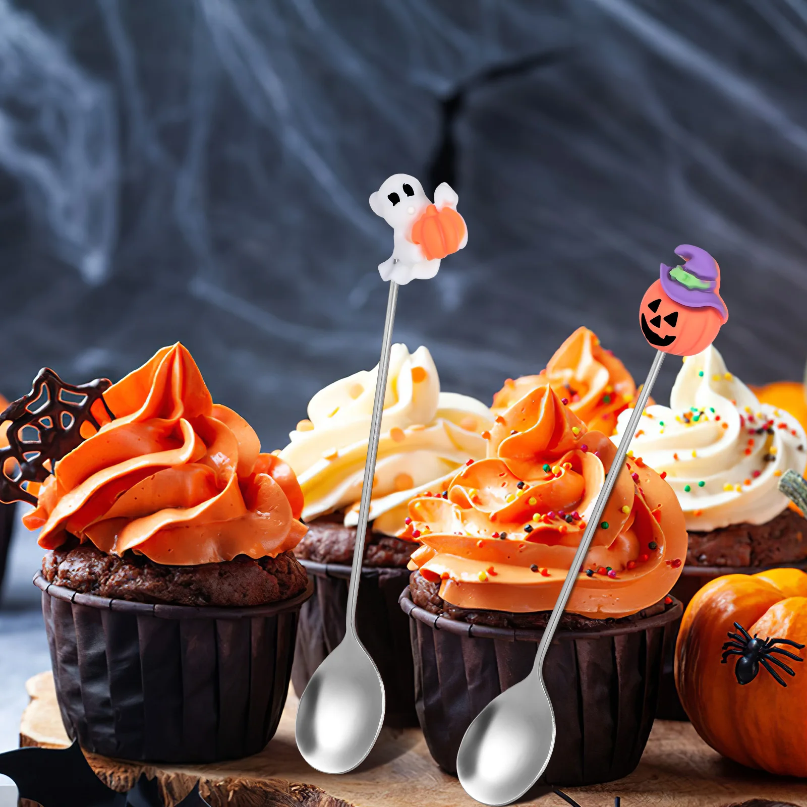 

6Pcs Multipurpose Dessert Spoon Stainless Steel Polished Cake Spoons Halloween Style Metal Spoons for Dinner Party