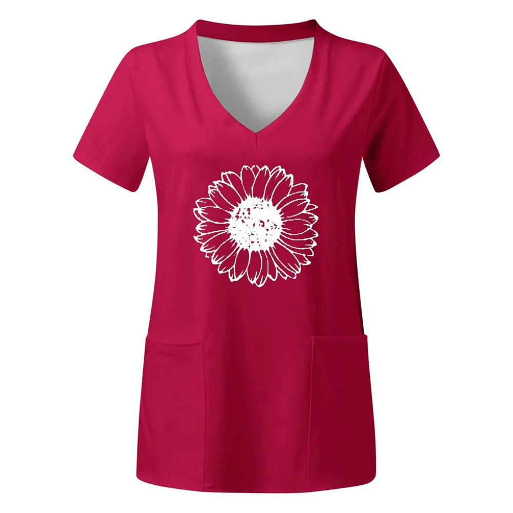 2025 European and American women's nursing uniform casual V-neck short sleeved dandelion flower 3D printed nurse work uniform