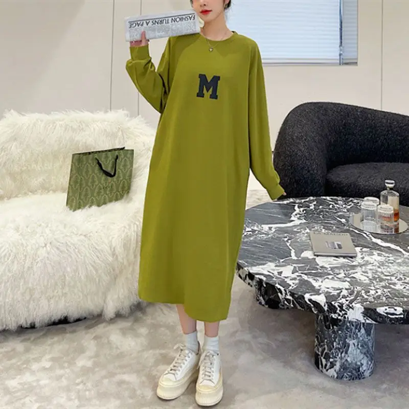 

Fashion O-Neck Loose Printed Letter Casual Dresses Female Clothing 2024 Autumn New Oversized Long Sleeve Young Style Midi Dress