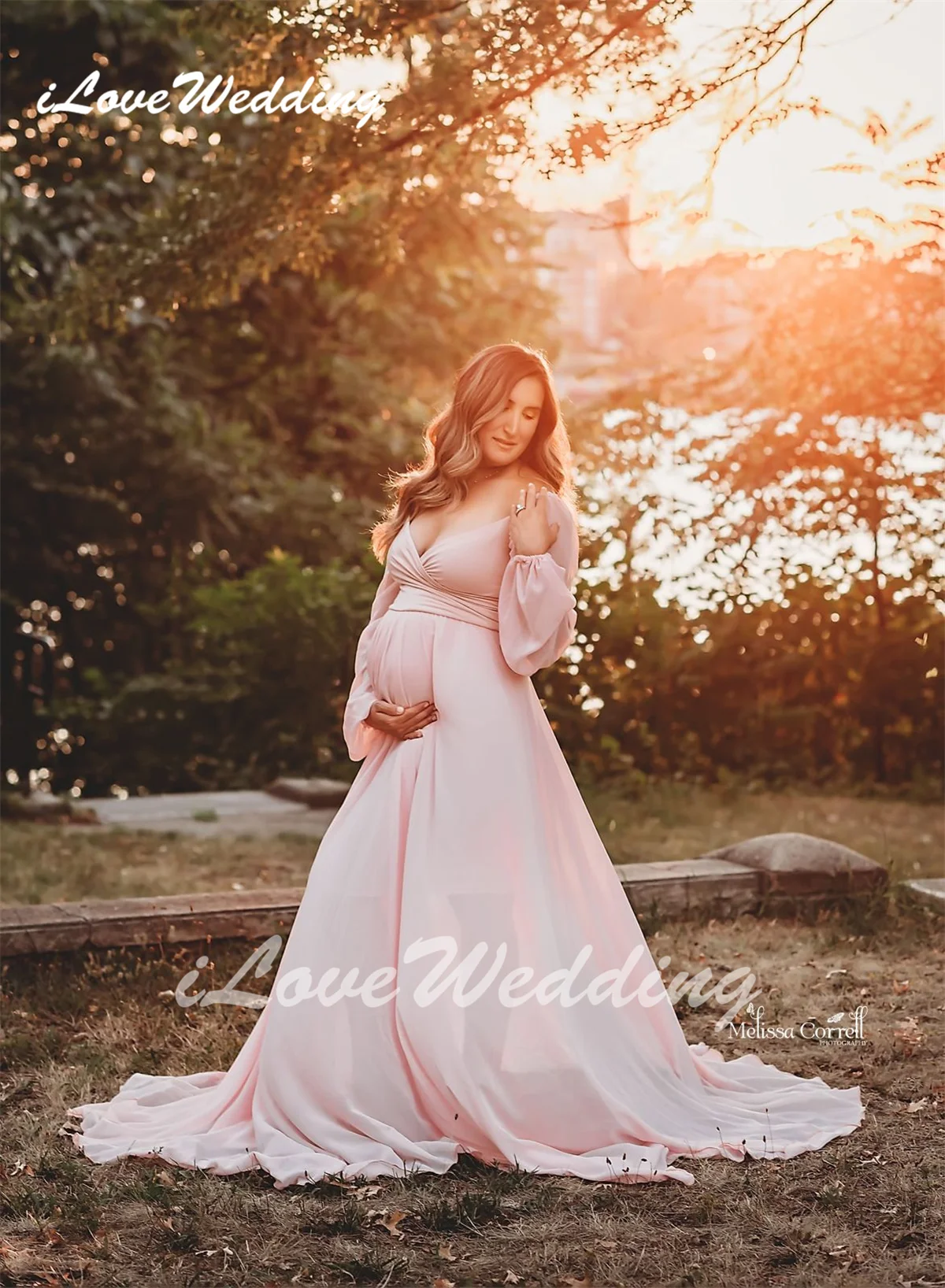 Womens Off-Shoulder Full Sleeves Chiffon Maternity Dress Sweetheart A-Line Boho Pregnancy Party Gowns Long Photography Dresses