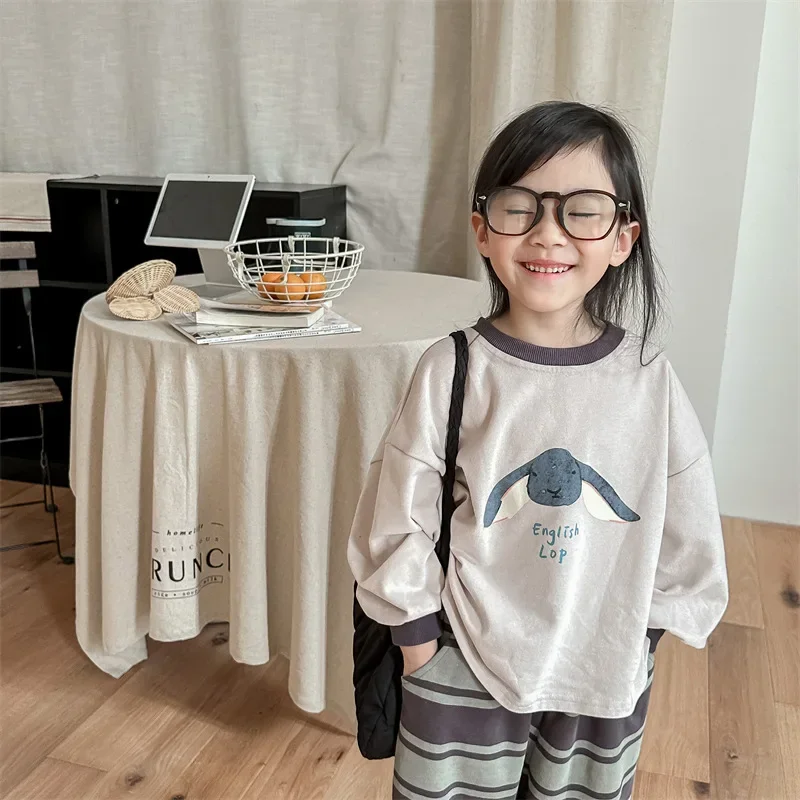 

2024 Spring Kids clothes pullover cartoon bunny contrast color long sleeve T shirts Boys Girls cotton loose Tops