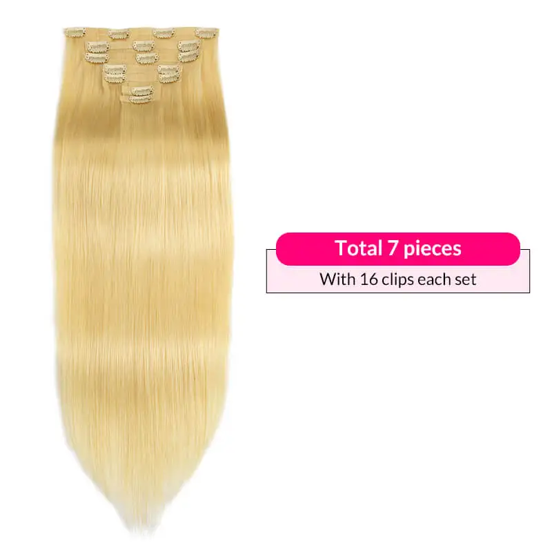 Blonde Straight Hair PU Clip In Hair Extension Human Hair 12-24Inch 100% Remy Hair Extensions 7Pcs Seamless Skin Weft Clip-on