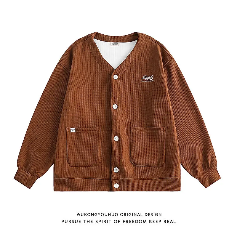 Autumn New Vintage Waffle Embroidered V-neck Cardigan Sweatshirt Men's Trendy Brand Street Loose Couple Versatile Jacket