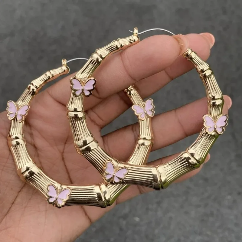 Big Butterfly Bamboo Hoop Earrings For Women Pink Butterfly Vintage Girls Earrings Street Wear Jewelry