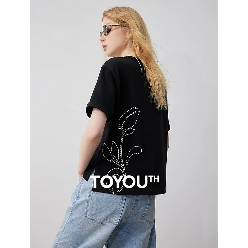 TOYOUTH Women T-shirt 2024 Summer New Short Front and Long Back Lily Blossom Tee Tops