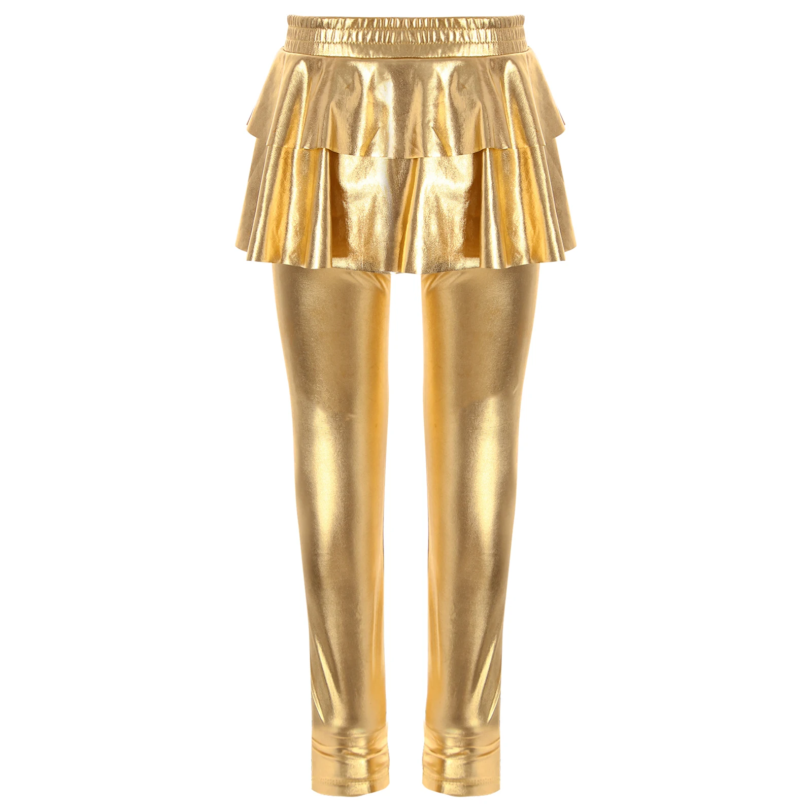

Girls Jazz Dance Pantskirt Metallic Ruffled Pants Skirted Leggings Shiny Pantskirt Modern Tango Stage Performance Glossy Pants