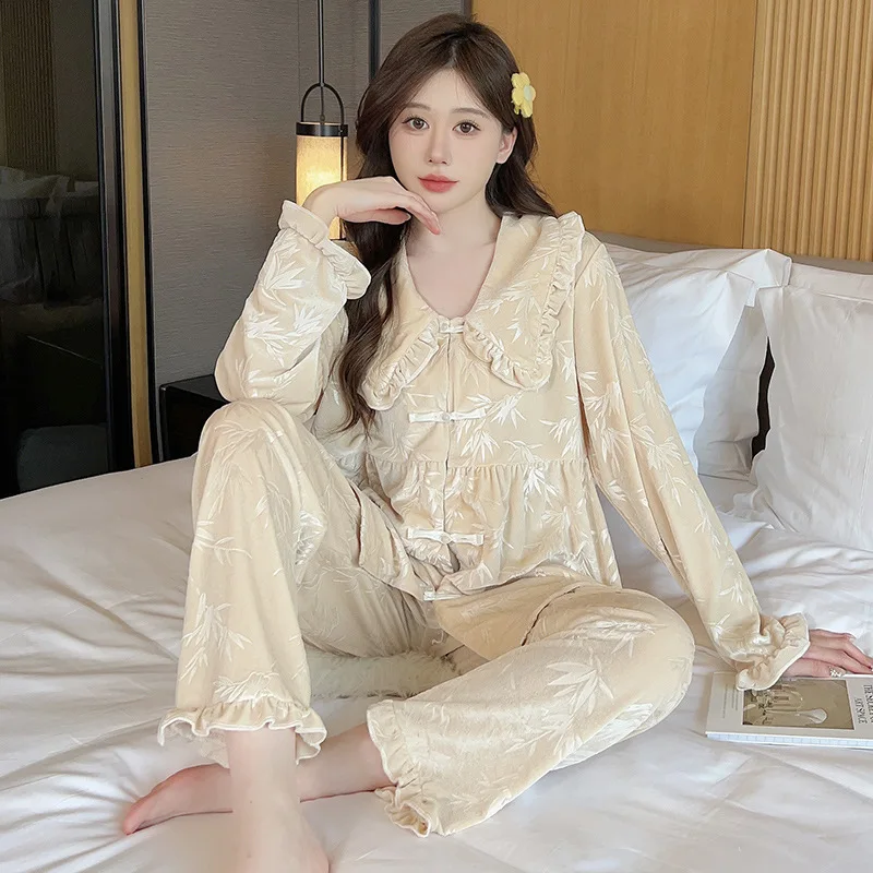 

Women's Long Sleeved Long Pants Pajama Set Autumn Winter Velvet Sleepwear Thickened Warm Home Clothes Sexy Lapel Nightwear