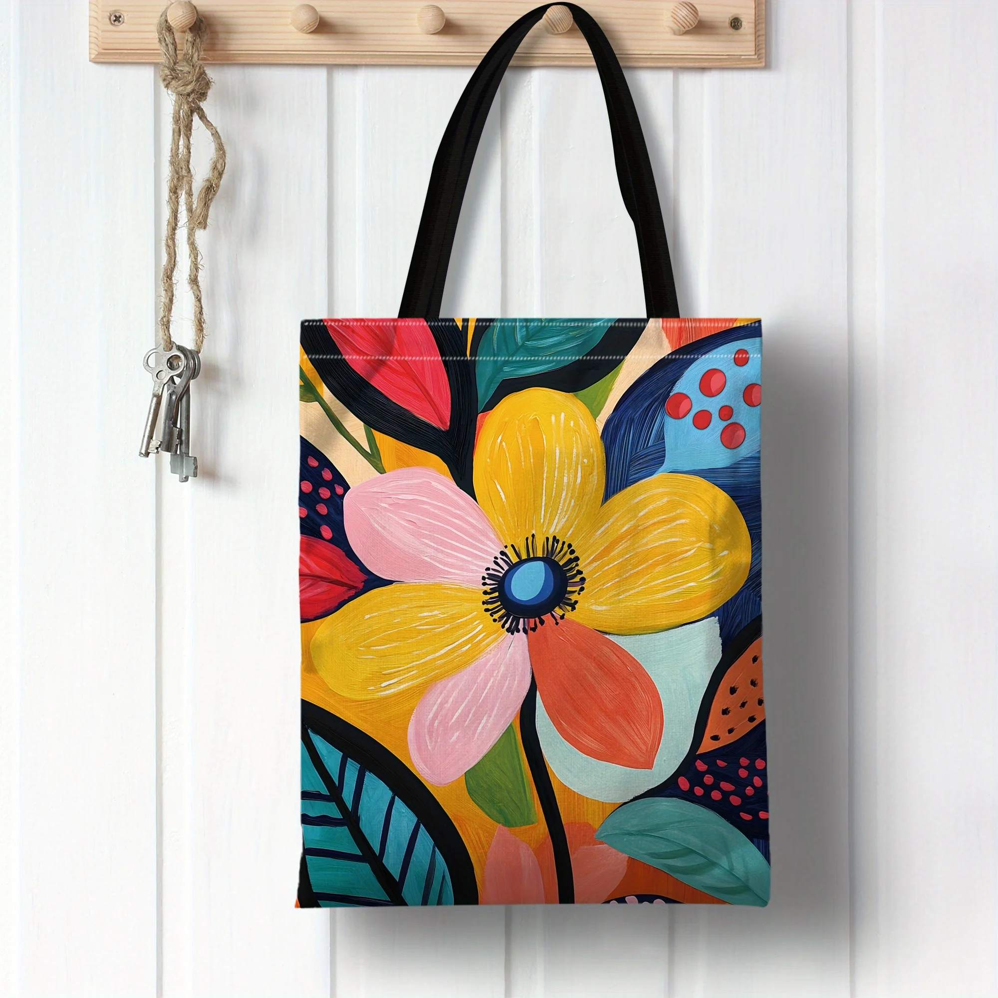 1 Stück Blumen-Einkaufstasche, lebendige Blumen-Illustrationen, wiederverwendbare Einkaufstasche, Regenbogen-Herzen-Einkaufstasche, große Shopper-Aufbewahrungstaschen