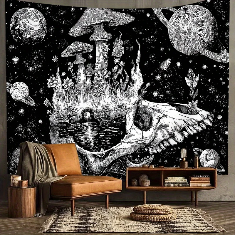 Large Cosmic Skull Mushroom Forest Galaxy Wall Tapestry Black and White Space Art Decor for Bedroom Living Room