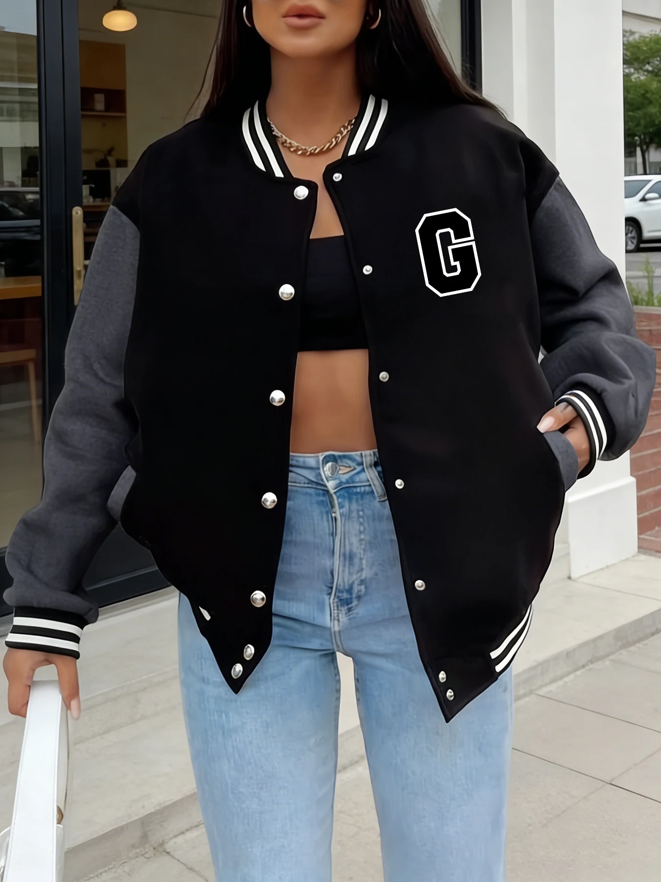 Mulheres oversized jaqueta do time do colégio carta g impressão manga longa botão frente bombardeiro jaqueta casual streetwear outerwear primavera outono