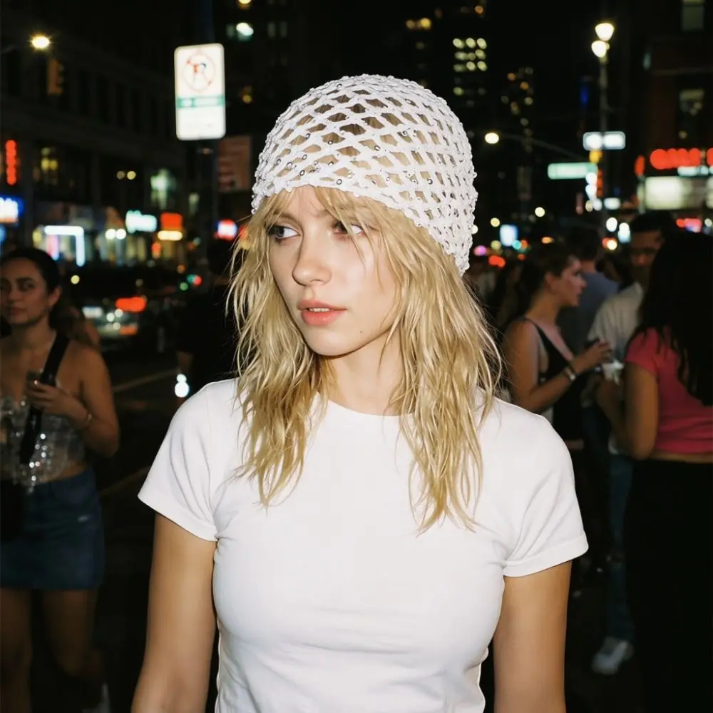 Casual Elegant Hollowed Out Knitted Hat Solid Color Ethnic Style Crochet Sequined Hat Thin Korean Weave Cap Apparel Accessories