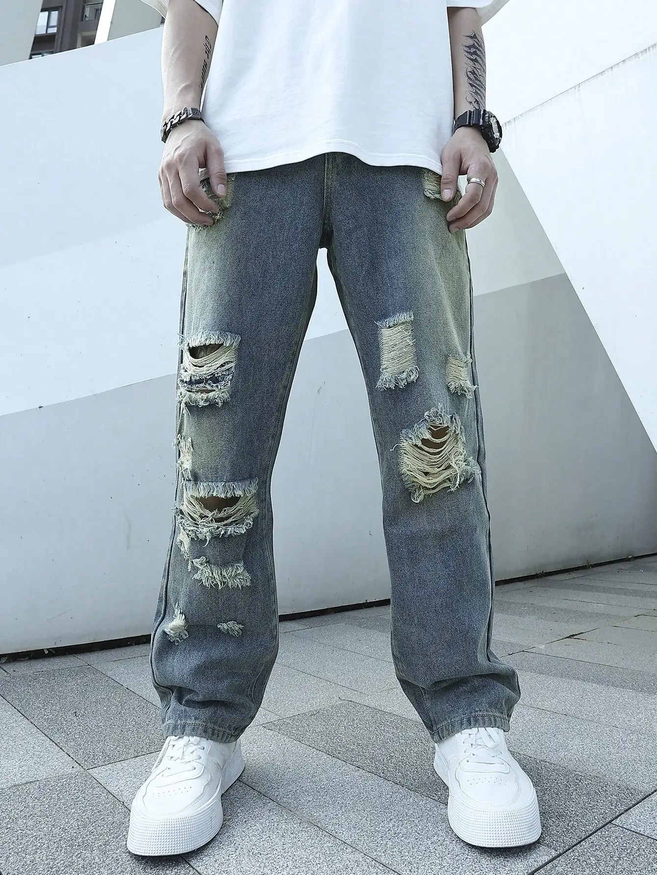 Vintage Men Ripped Baggy Jeans Destroyed Straight Jeans Distressed Frayed Hole Denim Pants Hip Hop Y2K Streetwear Trousers