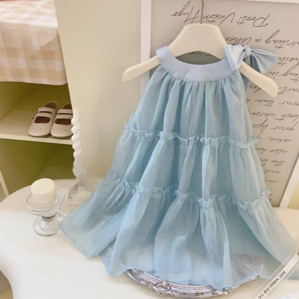 Korean Version Summer New Solid Color Girls' Dress Bow Sleeveless Lace Patchwork Children's Clothing 2-7 Years Old Kids Wear