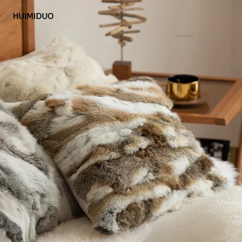 Decorative Pillows For Sofa Fancy Real Rabbit Fur Patchwork Cheap Design Cushion Case