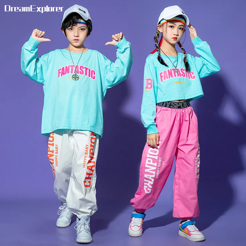 

Hip Hop Girls Multicolor Crop Top Street Dance Pants Boys Solid Sweatshirt Joggers Child Streetwear Clothes Set Kid Jazz Costume