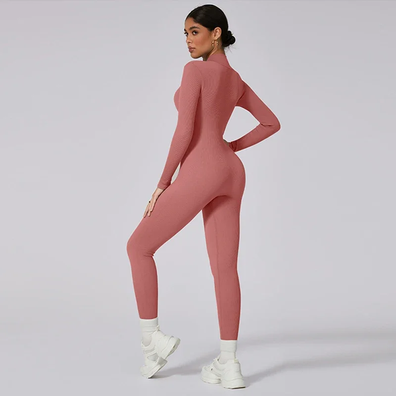 Tute da palestra a costine Pagliaccetto sportivo con cerniera Tuta da fitness a maniche lunghe Tuta da allenamento da donna Abbigliamento sportivo Tuta intera