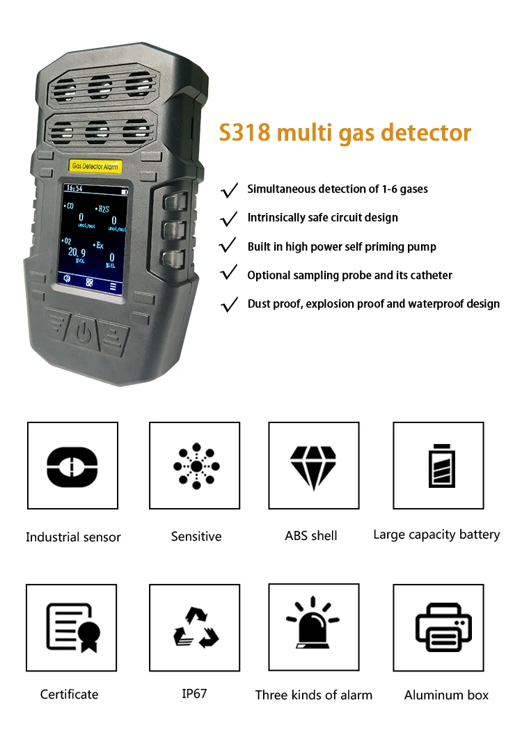 portable multi-gas detector, 6 in 1 gas analyzer with alternative external pump for EX, O2, CO, H2S, H2, CH4, NH3