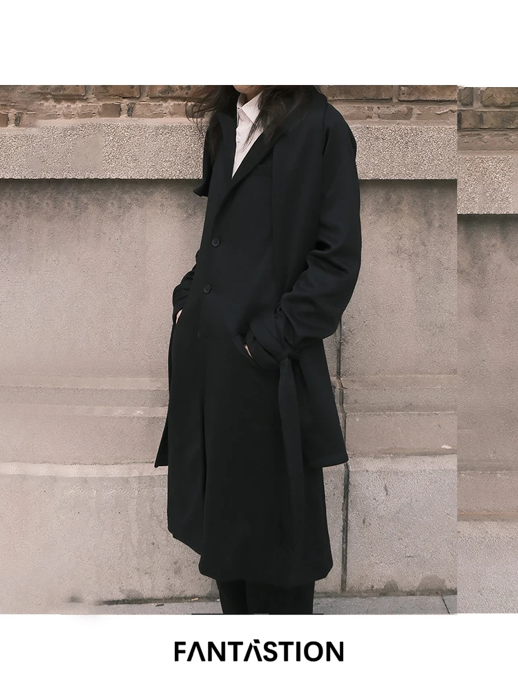 

FANTASTION Original design Double-layer scarf collar wool blends suit jackets normcore Minimalist style loose casual Trench coat