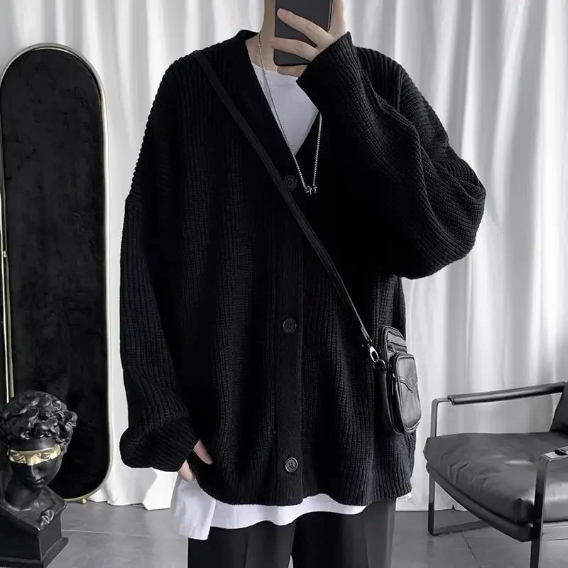 Man Clothes Black V Neck Cardigan Knitted Sweaters for Men Y2k Streetwear Spring Autumn Ugly Plus Size 90s Vintage Wool Fun Tops