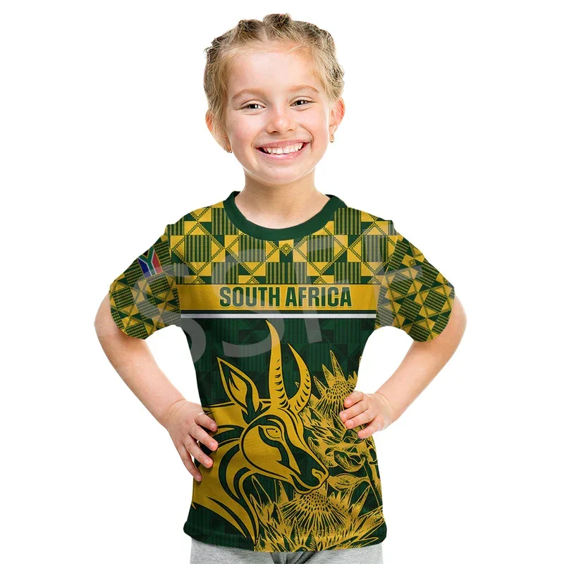 Custom Name Country South Africa Flowers Flag Kid Size Children's Wear 3DPrint Summer Casual Short Sleeves T-Shirts Streetwear T