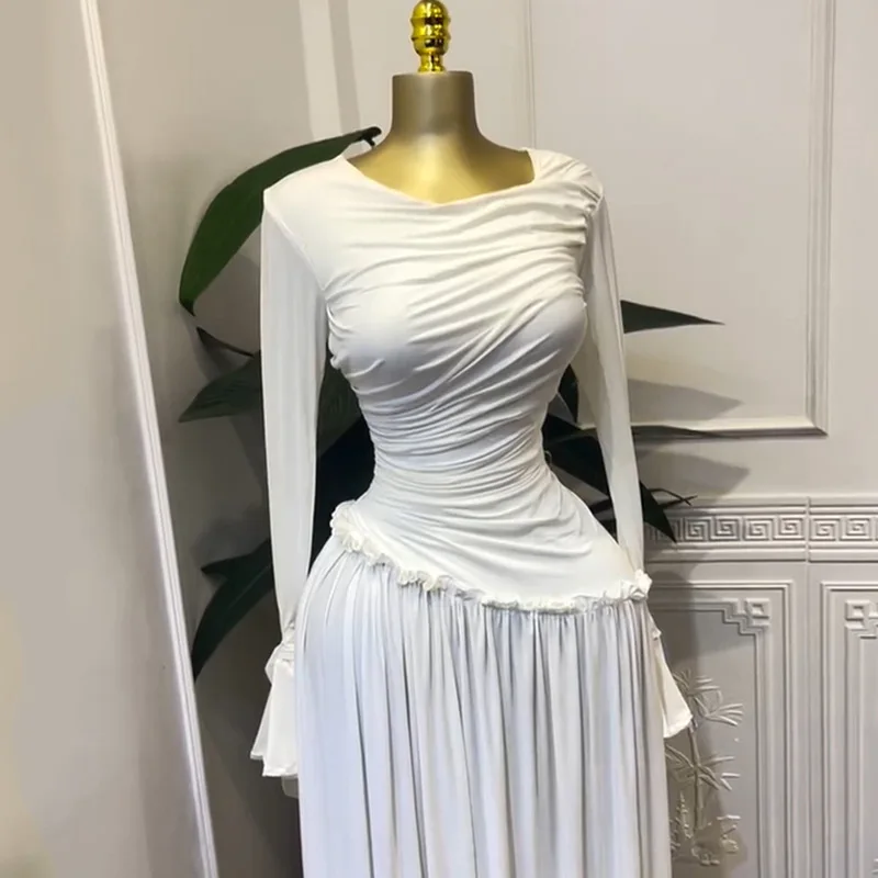 HKSH Frühling Herbst Neue Frauen Kleid Asymmetrische Plissee Oansatz Langen Ärmeln Taille Cinching Slim Fit Elegante Trendy Kleider HK17215