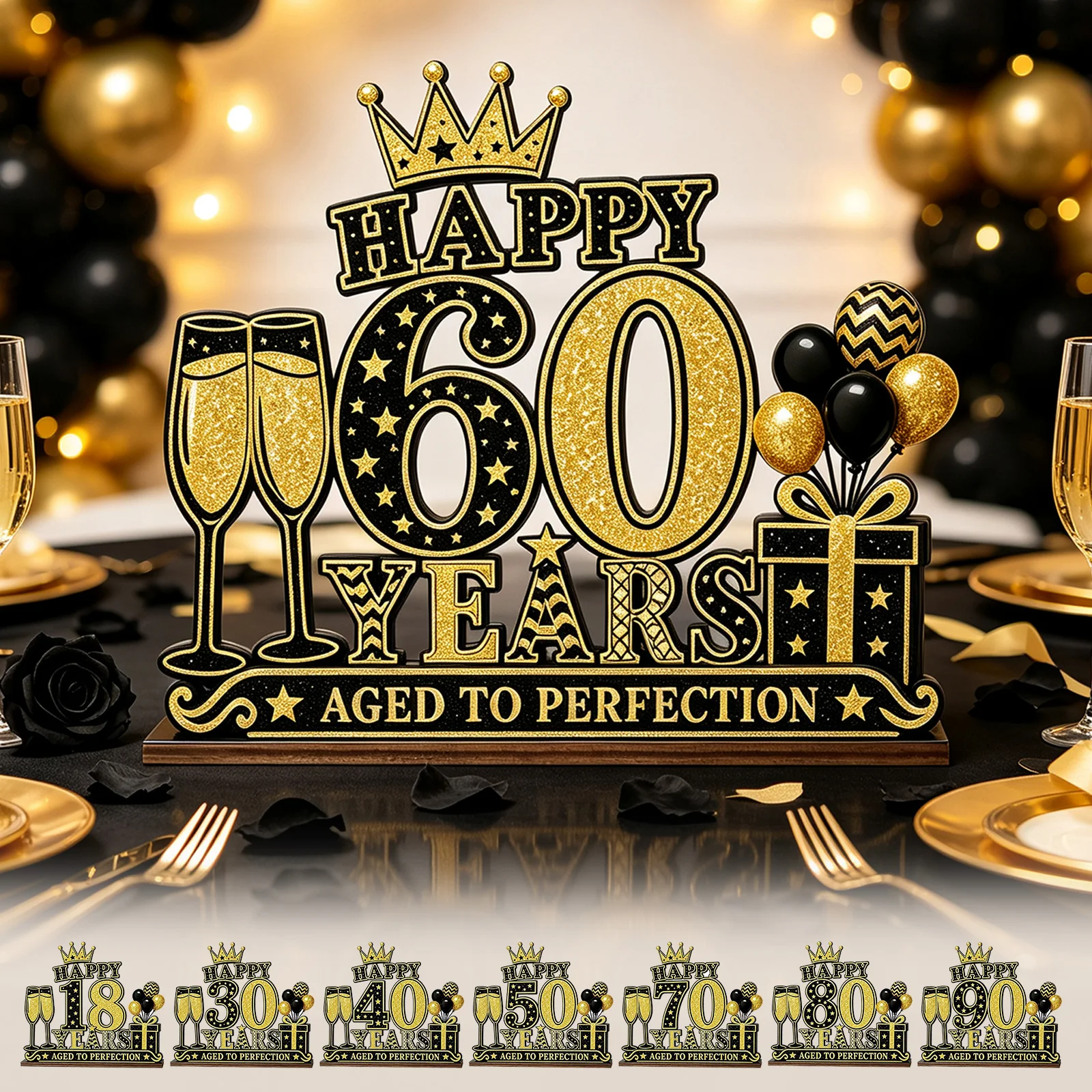 18-80th Birthday Decorations Wooden Vintage Table Party Supplies, Black Gold Centerpieces Sign, Anniversary Bday Table Decor