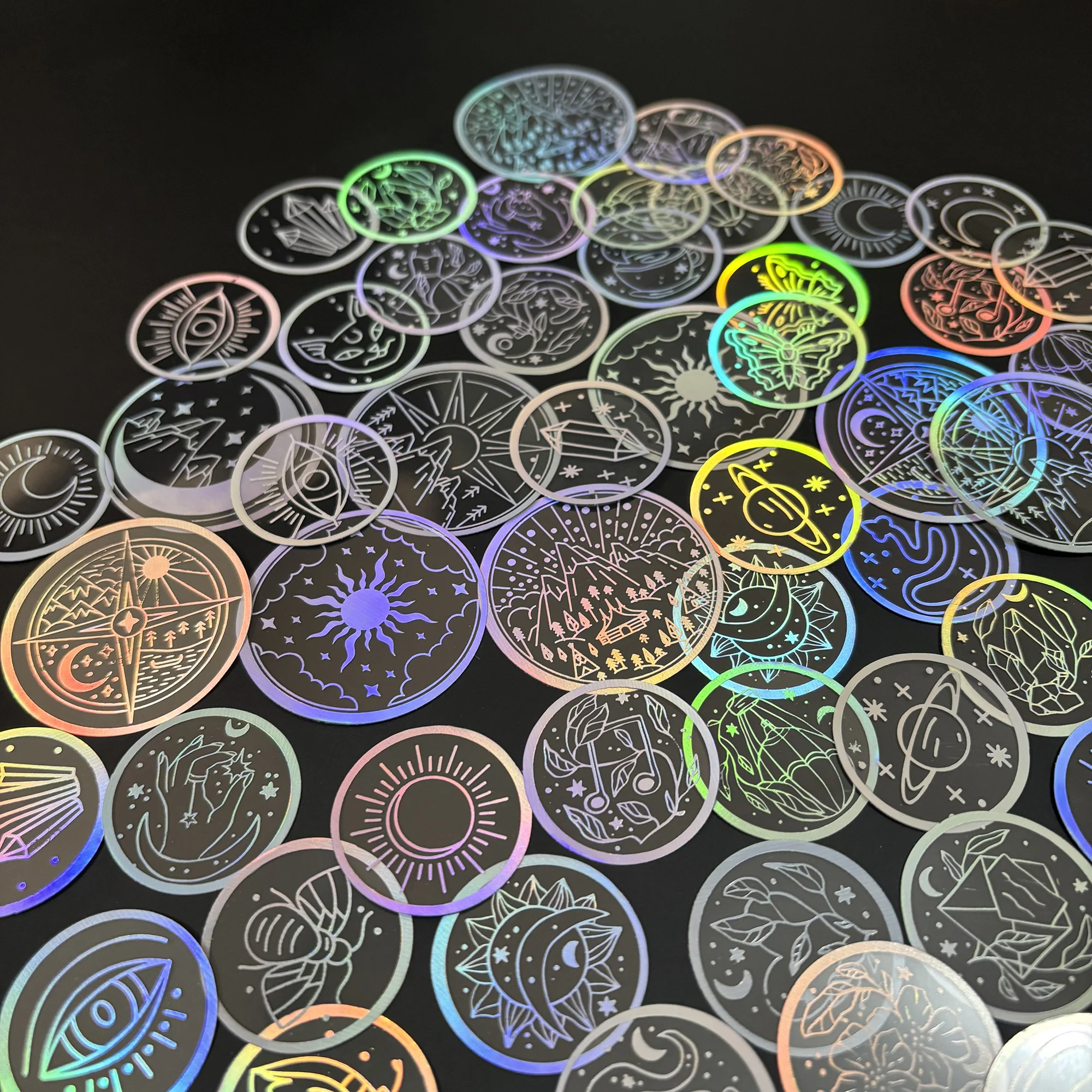 70 PCS Transparent PET Stickers with Holographic Silver Designs – Perfect for DIY, Bujo, Phone Cases, Windows & More