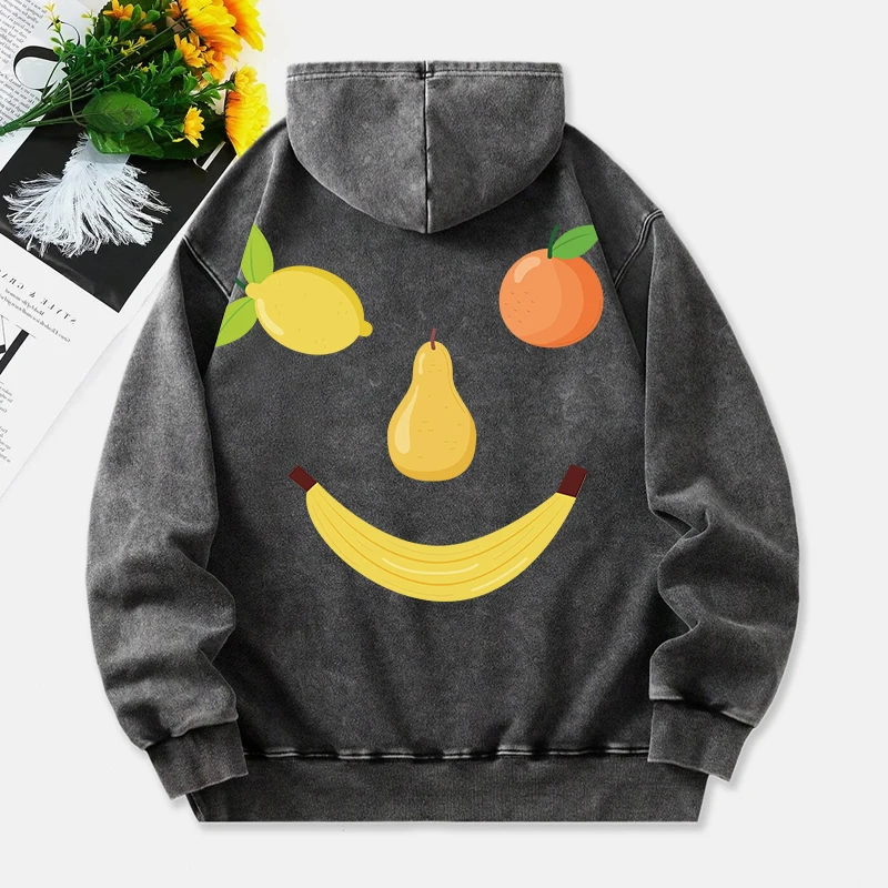 Fruit Smiling Face Washed Hoodies Women Funny Design Printing Cotton Hooded Oversize Pocket Warm Pullovers Winter Womans Clothes