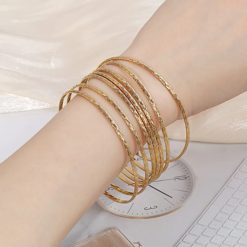 Bohemian Gold Plated Women's Stainless Steel Bangle Wavy Textured Design for Effortless Stackable Style Jewelry