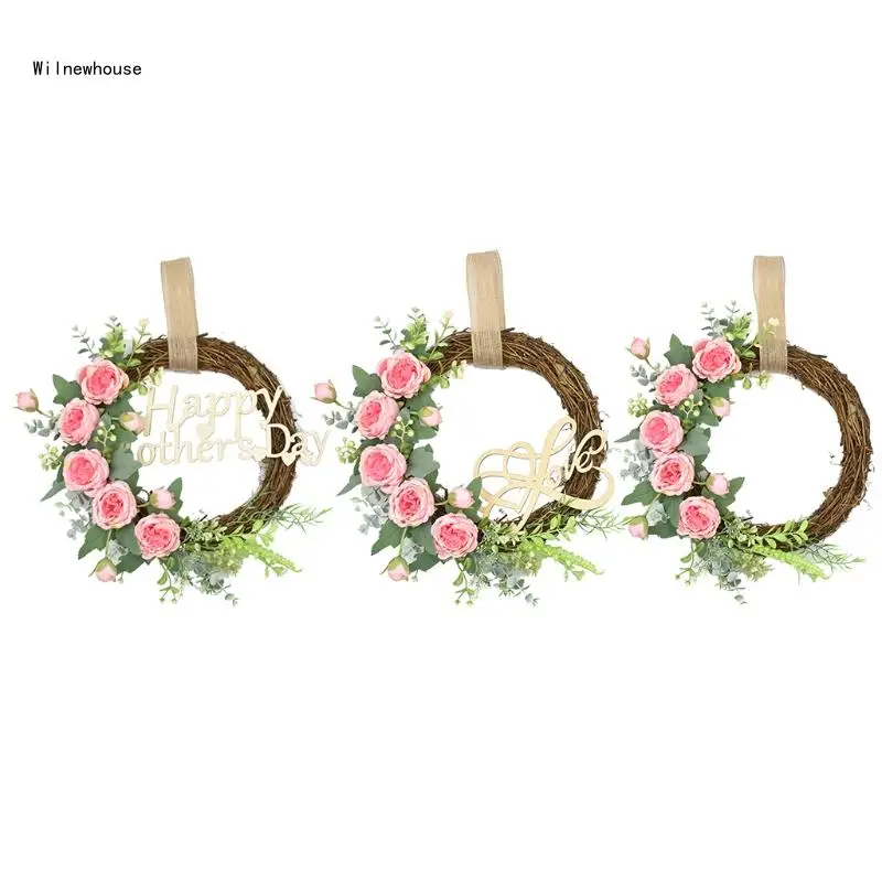 

Happy Mother's Day Wreath Front Door Decor Wall Rattan Flower Ornaments Gift Dropship