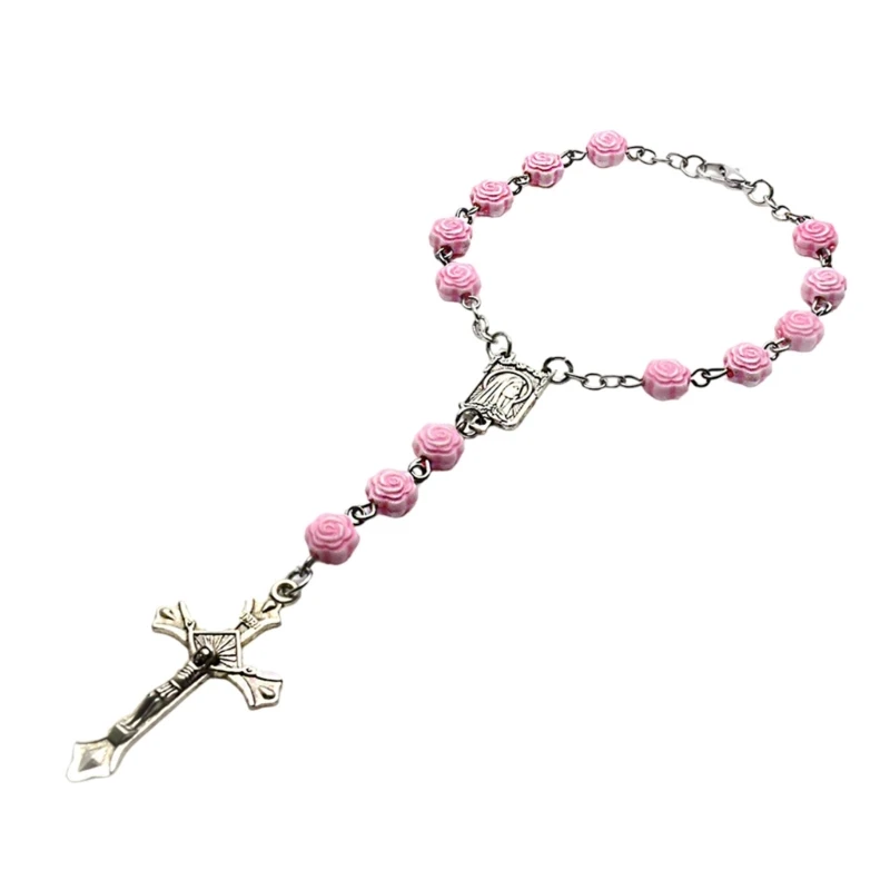 Flower Beaded Hand Chain Fashionable Crosses Pendant Bracelets Elegant Hand Chain for Religious Individual