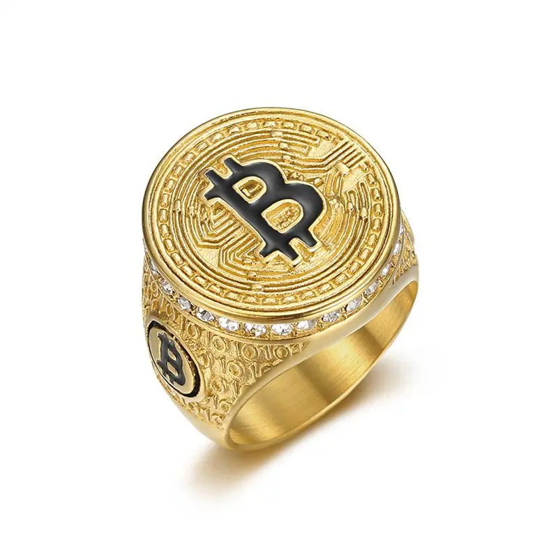 HIP Hop Bling Iced Out anelli rotondi Bitcoin in acciaio inossidabile Color oro per uomo Rapper gioielli taglia 7-13