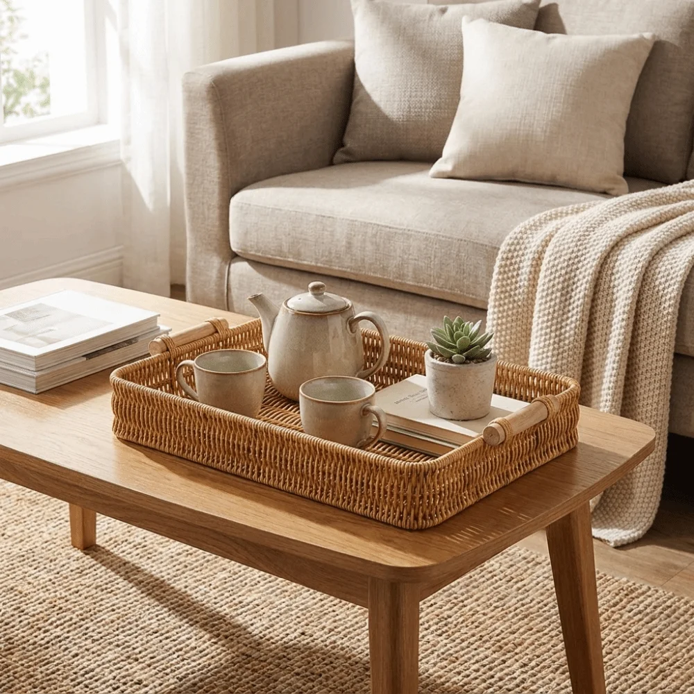Bread Food With Handle Woven Storage Basket Shallow Bin Rectangular Handwoven Basket Durable Decorative Food Plate Kitchen