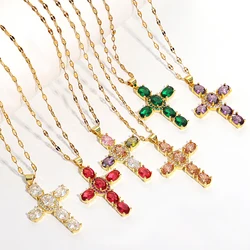 Religious Colorful Zircon Cross Necklace for Women Men Jesus Prayer Gold Plated Copper Collar Pendant Necklaces Jewelry Gift