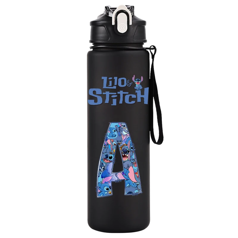 Lilo Stitch Black 750ml Water Bottle Letter A-Z Printed Large Capacity Drinking Cup Portable Outdoor Sport Water Cup Kid Gifts