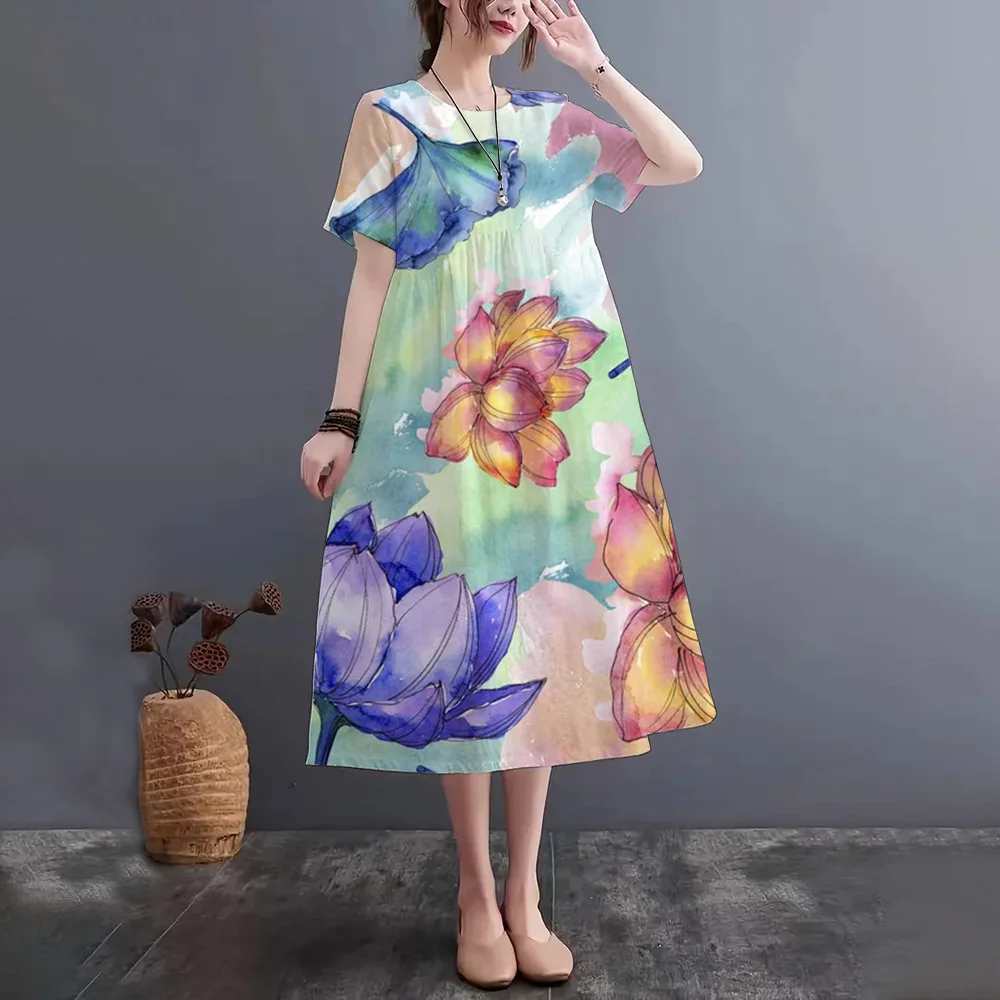 Women's Dress Painted Gold Watercolor Lotus Print Dress 3D Printing Process Summer Fashion New Fabrics Soft And Comfortable