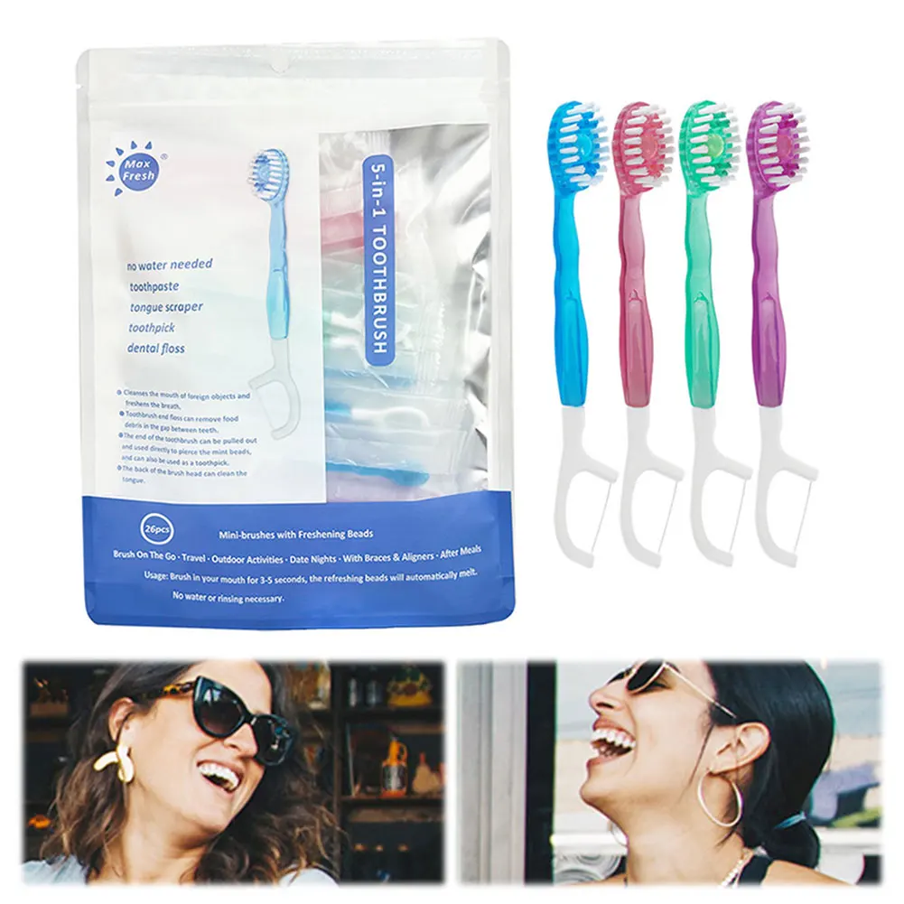مجموعة فرشاة أسنان 5 في 1 للاستعمال مرة واحدة للعناية بالفم الكل في واحد أثناء التنقل
