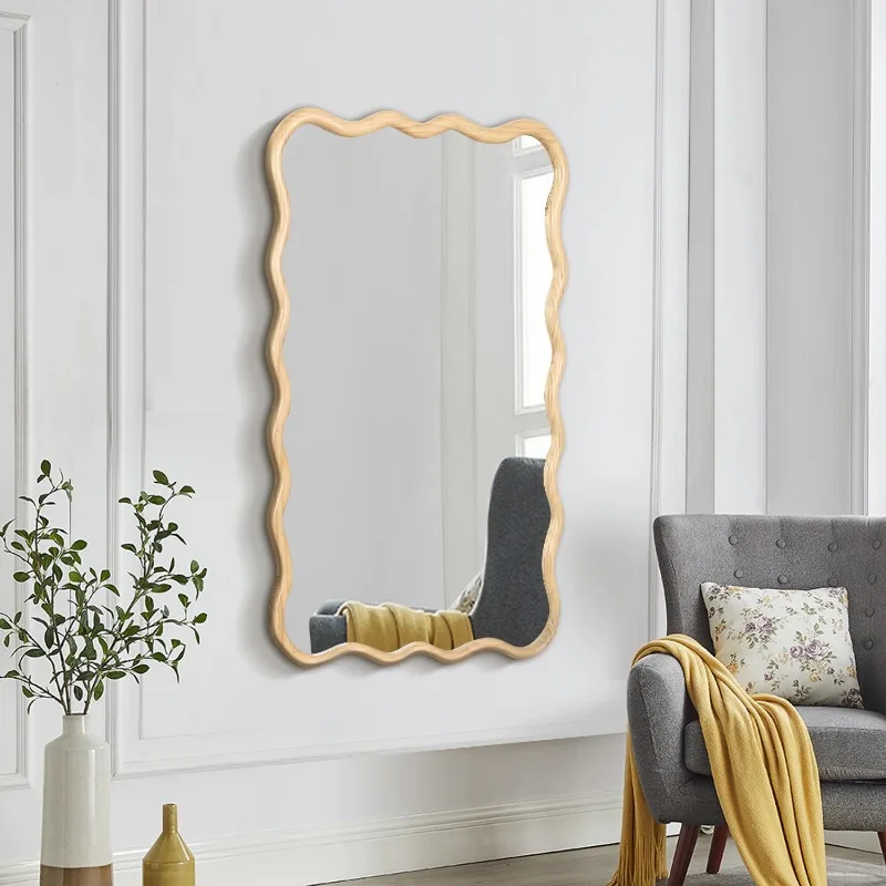 Solid wood wavy rectangular mirror, modern style wall decoration, suitable for bathroom, bedroom, living room, dining room