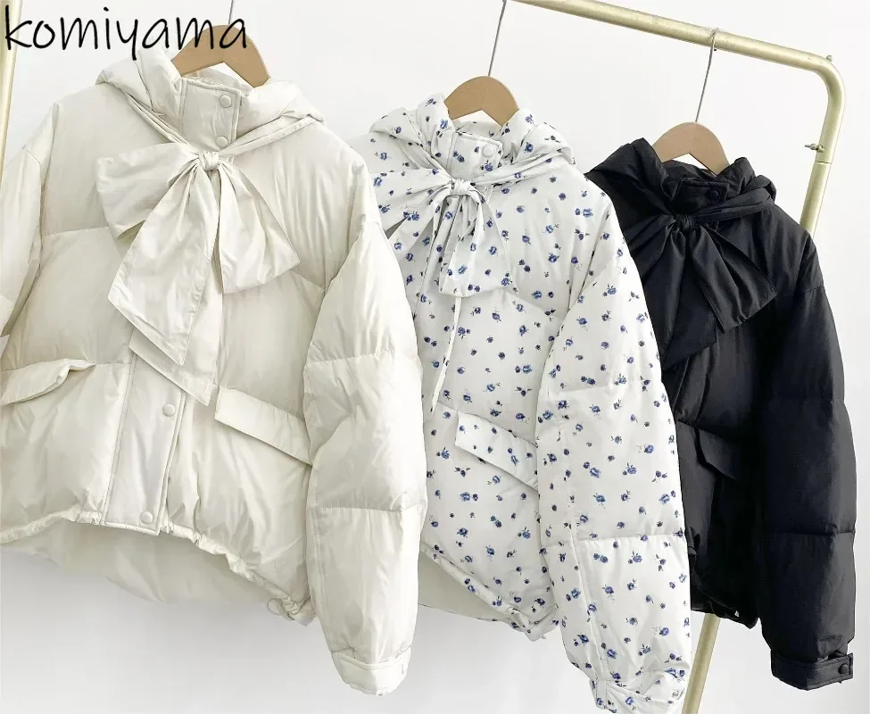 Print Down Outerwears Hooded Bow Abrigos Invierno Winter 2024 New Woman Jacket Japanese Warm Chamarras Long Sleeve Mujeres