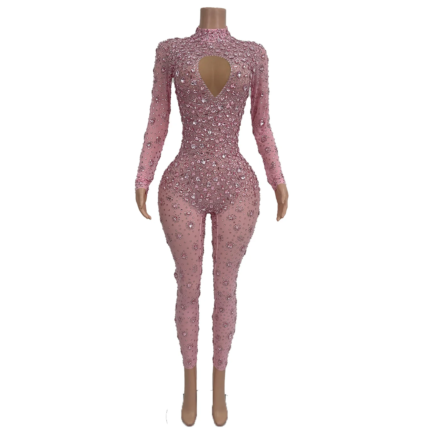 Sexy Pink Diamonds Mesh Jumpsuit Women Costume Bodycon Club Party Bodysuit See Through Rhinestones Dance Stage Wear Cuican